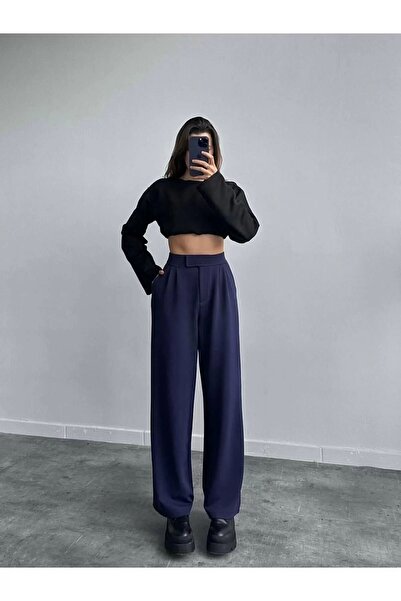 bysoca Kadın Lacivert Yüksek Bel Cırtlı Beli Ayarlanabilir Rahat Bol Paça Palazzo Kumaş Pantolon