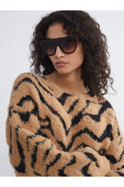 LC Waikiki Brown Stand Collar Leopard Patterned Women's Knitwear Tunic