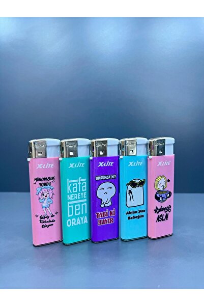 doğan hediyelik Karikatür Temalı 5 Farklı Renk ve Yazılı Doldurulabilir Gazlı 5 Adet Çakmak - Koleksiyon