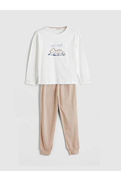 LC Waikiki LCW DREAMBej Bisiklet Yaka Baskılı Kadın Pijama Takımı