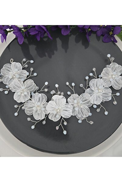 YÜSRAKSESUAR Özel tasarım gelin tacı çiçekli taç beyaz metal boncuklu taç aks...