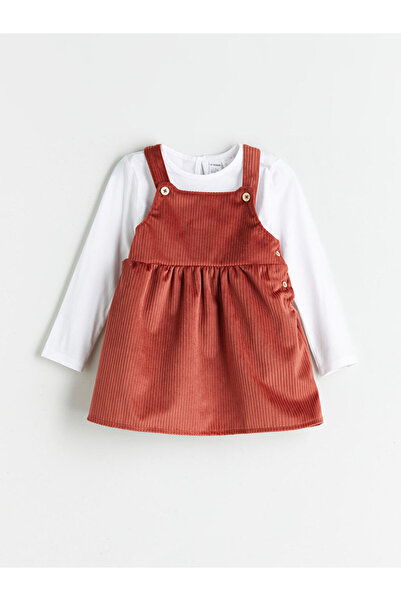 LC Waikiki Brown Crew Neck Basic Girl's T-Shirt and Salopet