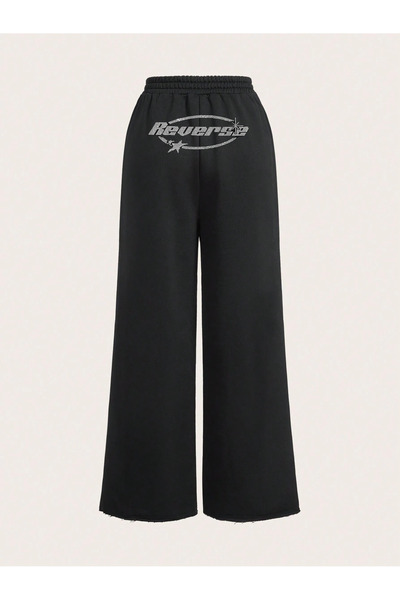 Bozz&Bozz Collection Women's Black Crystal Stone Printed Baggy Loose Cut Jogger Sweatpants