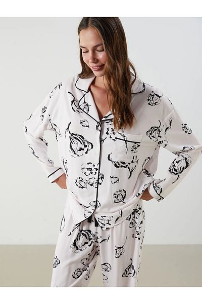 LC Waikiki Lcw Dreambeige Shirt Collar Printed Women's Pajamas Set