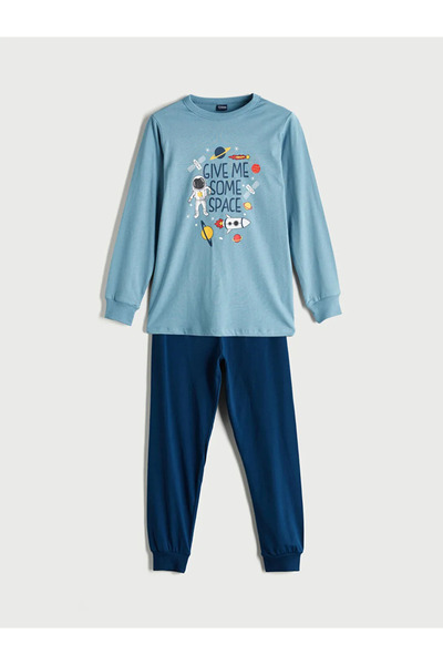 LC Waikiki LCW ECOIndigo Bisiklet Yaka Baskılı Erkek Çocuk Pijama Takımı