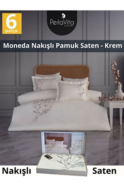 Dantela Moneda Nakışlı Pamuk Saten Nevresim Takımı - Krem 6 parca