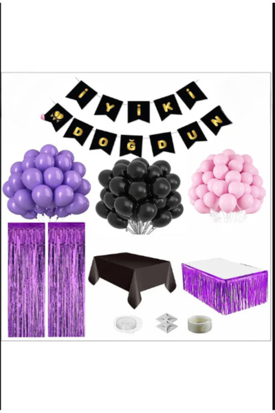 PartAntalya Σετ γενεθλίων με θέμα μαύρο-χρυσό πανό, μωβ, ροζ, μαύρο