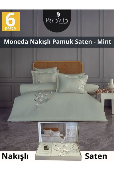 Dantela Moneda Nakışlı Pamuk Saten Nevresim Takımı - Mint 6 parca