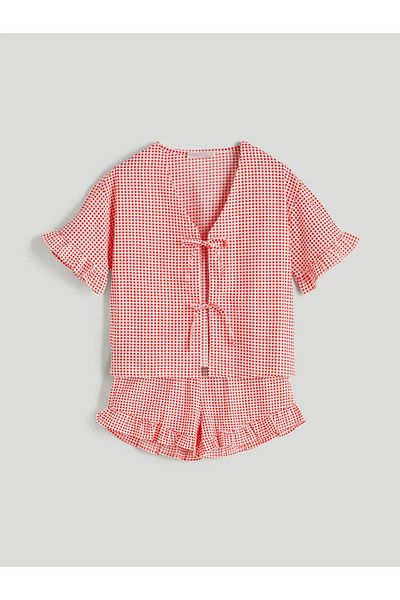 LC Waikiki Lcw dreamred petite v-neck plaid women's pajama set with shorts