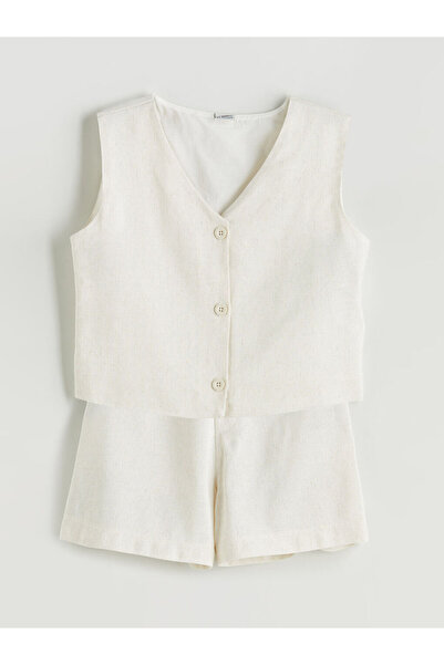 LC Waikiki Lcw Kids Beige Linen Mixed Girls' Classic Vest and Shorts