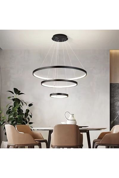 Nerfa ✨ Three-ring LED chandelier - black frame and elegant three-color lighting