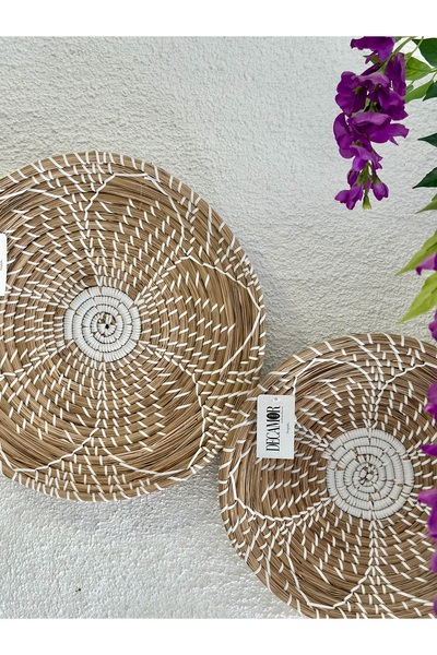 Decamor home 2 li Bej Ekru Hasır Rattan Bohem Duvar Dekoru