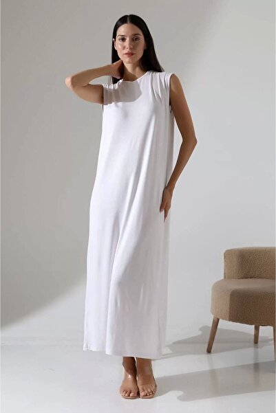 bysoca Kadın Beyaz Oversize Sıfır Kollu Bisiklet Yaka Uzun Maxi Basic Viskon ...