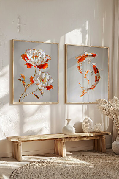 STARYUNA Set de pictură dublă cu flori roșii și pești koi cu rame din lemn, p...