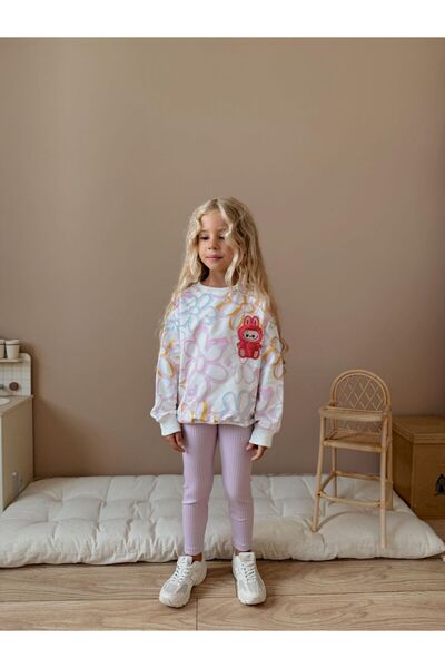 Patriko Popular Character Labubu Flower Pattern Girl's Sweatshirt Leggings Bottom Top Set