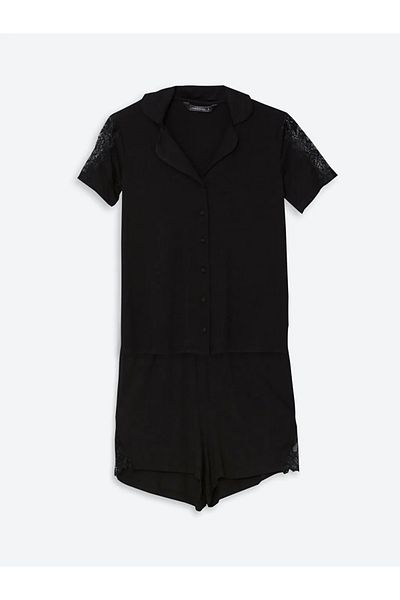 LC Waikiki Lcw Dreamsblack Shirt Collar Women's Pajama Set with Shorts