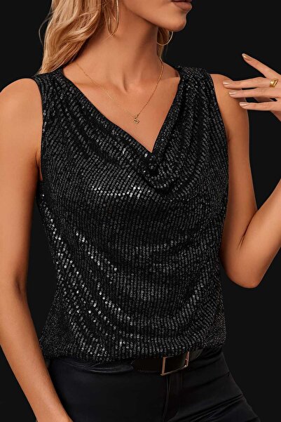 By Kul Design Bluză de damă cu paiete și guler de tip degaje