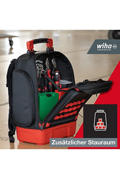 wiha Mechanic's Tool Backpack with 43 Pieces of Essential Tools, Sturdy Stand, Laptop Slot, and Accessory