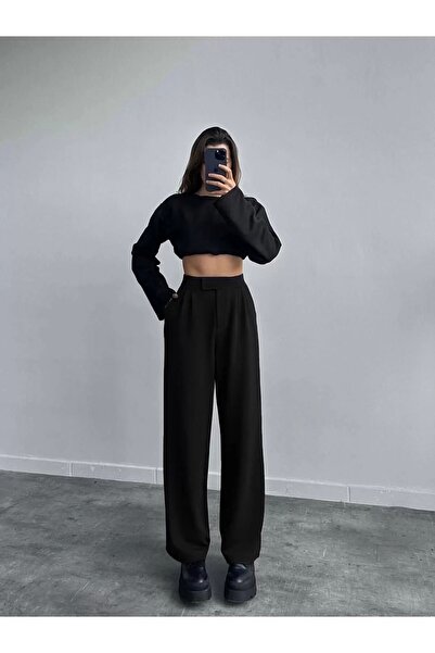 bysoca Pantaloni de damă negri talie înaltă cu velcro, cu talie reglabilă, co...