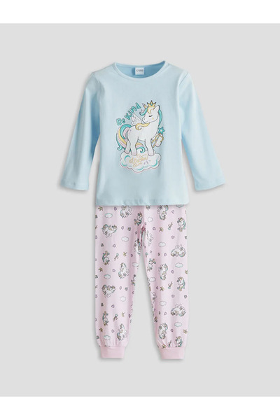 LC Waikiki Lcw Kidsblue Crew Neck Printed Girls Pajamas Set
