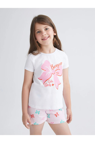 LC Waikiki Lcw Kidswhite Bow Printed Girls' Shorts Pajamas Suit