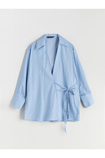 LC Waikiki Mavi Kruvaze Yaka Çizgili Kadın Tunik