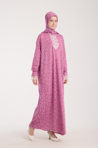 AKPİYYER Mevsimilik kendinden başörtülü desenli dantelli kadin namaz elbisesi