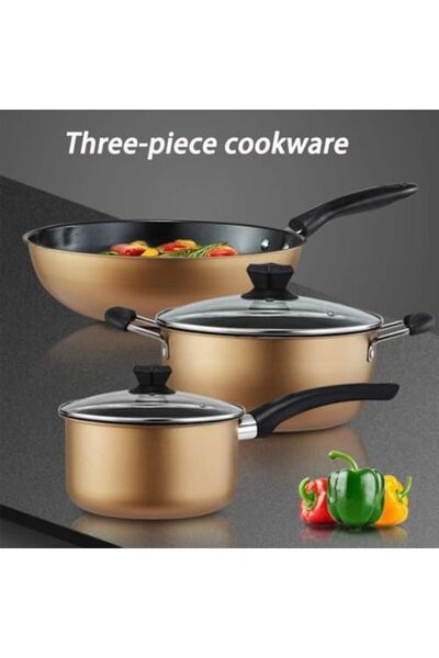 Generic 3-Piece Non-Stick Cooking Pot Set | Multi-Use Golden Cooking Pots with Glass Lids | Suitable for All