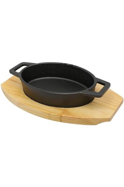 cc bin shihon Cast Iron Square Pan with Side Handle and Wooden Base, 17×12 cm, Black