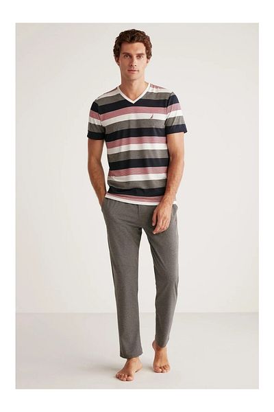 YUYİ Nautlca V-Neck Short Sleeve Soft Textured Fabric Men's Pajama Set