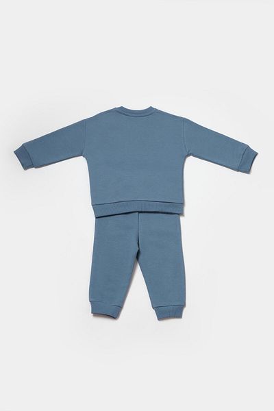 Magu Baby Boy Cotton Blue Puzzle Patterned Tracksuit Set - Long Sleeve Sweatshirt and Pocket Detailed Trousers