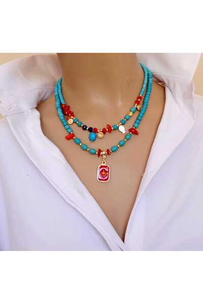 shop Akdeniz Işıltısı İki Sıralı Kadın Kolye – Turkuaz Kristal & Diş Mercan B...