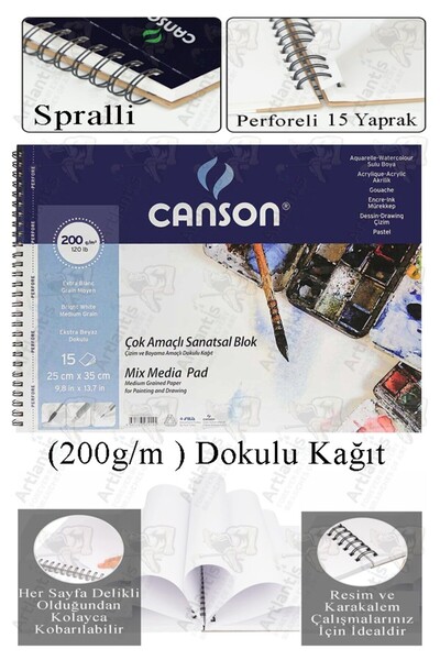 Artlantis Çok Amaçlı Sanatsal Blok 25x35 cm 200 gr 15 Yaprak 1 Adet Canson Re...
