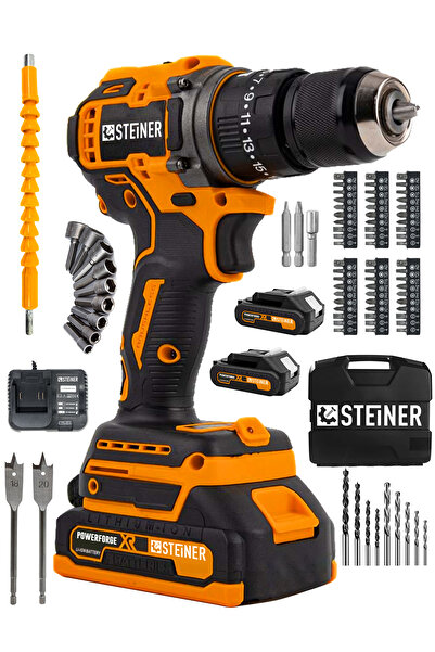 STEİNER 21v Çift Akü Kömürsüz Motor Çelik Mandren Darbeli Akülü Vidalama Şarjlı Matkap (84 Parça Usta Set)