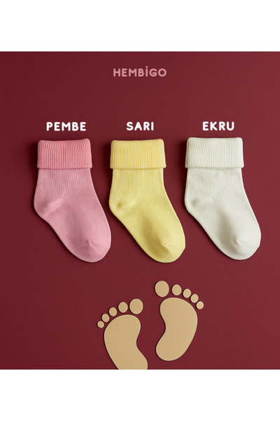 MODAT Organik Pamuklu Yeni Doğan 3'lü Bebek Çorabı Pembe-Sarı-Ekru