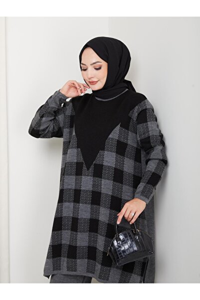 FATELLA Kadın Modest Tesettür Siyah Kareli Desen Uzun Kol Triko Tunik