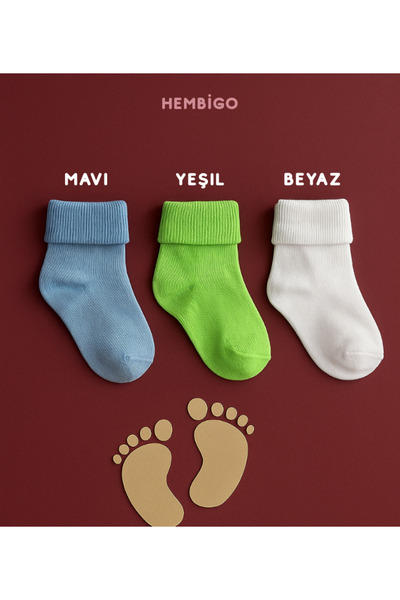 MODAT Organik Pamuklu Yeni Doğan 3'lü Bebek Çorabı Mavi-Yeşil-Beyaz