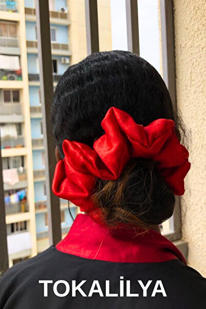 TOKALİLYA Kadın Kırmızı Saten Çapı 20 cm XXXLBüyük Boy Simit Scrunchie Handma...
