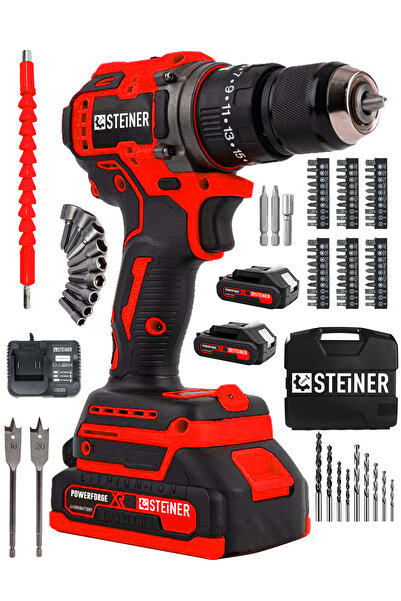 STEİNER 21v Çift Akü Kömürsüz Motor Çelik Mandren Darbeli Akülü Vidalama Şarjlı Matkap (84 Parça Usta Set)