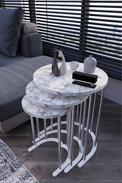 Can Vista Home Yuvarlak Zigon 3'lü Lüks Beyaz Mermer Sehpa Takımı