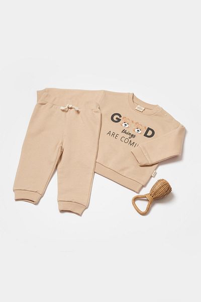 Magu Unisex Baby Beige Cotton Sweatshirt and Sweatpants Set