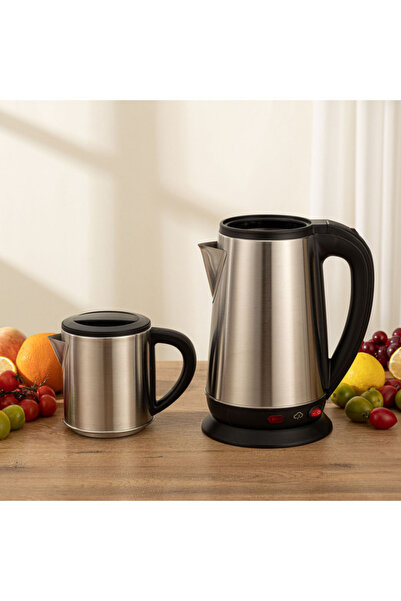 Silver Crest Stainless Steel Turkish Tea Kettle Set, 1L teapot + 2.3L electric base, ideal for rich, warm brews.