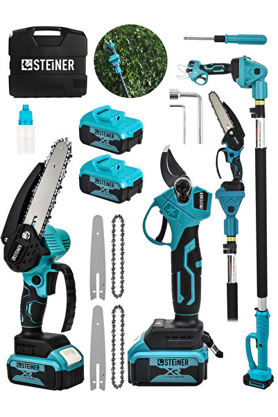STEİNER Profesyonel 2'li Set 21v Çift Akülü 2 Metre Teleskopik Kollu Bağ Makası Ve Budama Testeresi Makinesi