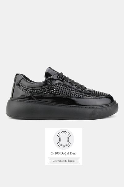 TUNAELLİ Women's Black Patent Leather Genuine Leather 36-41 Number Lace up Flat Bottom Oxford Shoes