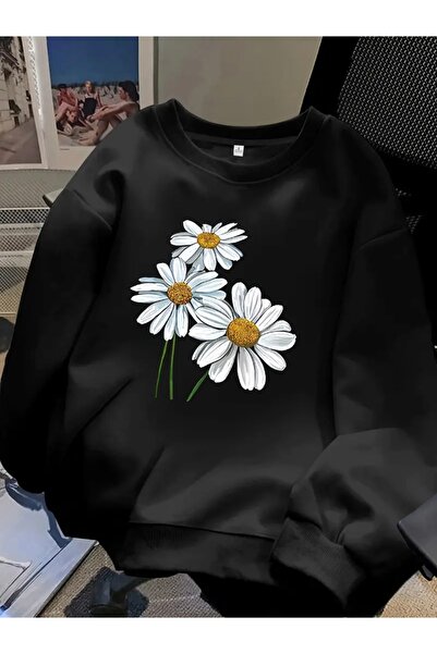 FUFLUNS Oversize Unisex Women/Men's Circle Neck Sweatshirt with Daisy Print