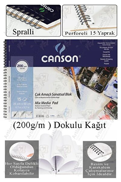 Artlantis Çok Amaçlı Sanatsal Blok 35x50 cm 200 gr 15 Yaprak 1 Adet Canson Re...