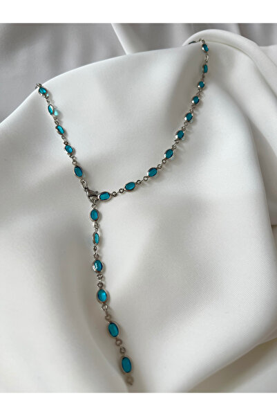 Berilya Aksesuar قلادة على شكل بيضاوي باللون الأزرق والفضي على شكل حرف Y