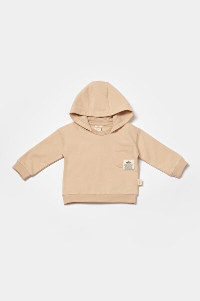 Magu Unisex Baby Cotton Beige Hooded Tracksuit Set - Sweatshirt and Bottom with Pocket Detail