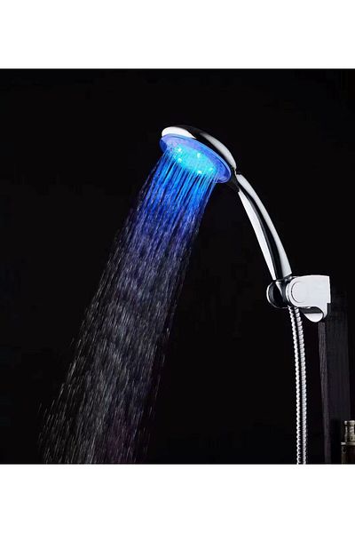 OEM LED shower head with temperature-dependent color change, hydraulic supply