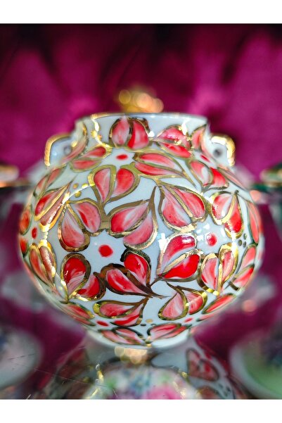 manushum El Boyama Porselen Limoges Kuşlu Mini Balon Vazo-kırmızı